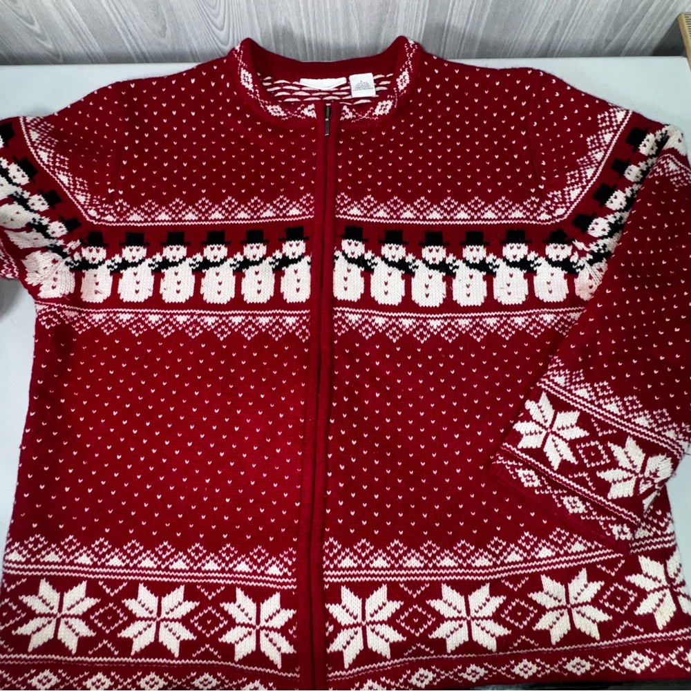 Croft &‎ Barrow Silk Angora Zip Up Snowman Cardigan Nordic Red Christmas Sweater